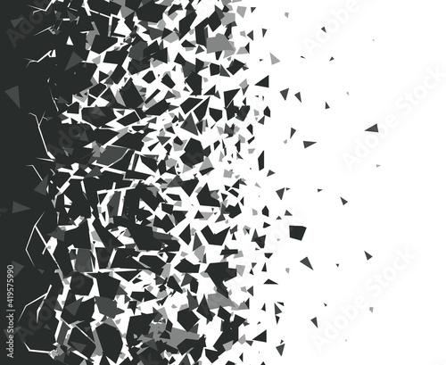 Abstract shatter background. Exploded black pieces scatter, shattered triangles destruction pattern. Broken particles vector background illustration set. Black destroyed fragments design photo