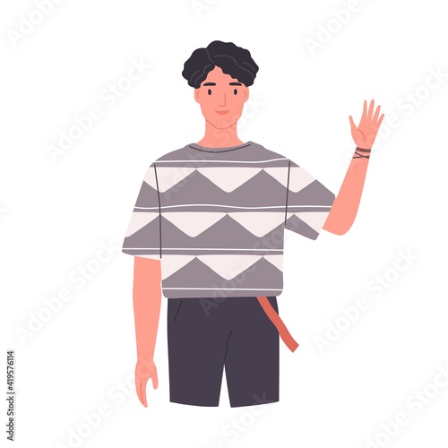 Happy guy saying hello and waving with hand. Smiling friendly man greeting and welcoming smb with hi gesture. Colored flat vector illustration isolated on white background