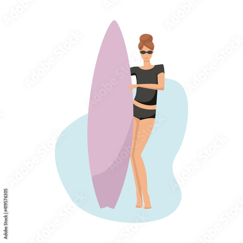 Surfer Woman with surf board.  A girl in a black surf suit with a surfboard. Vector illustration.