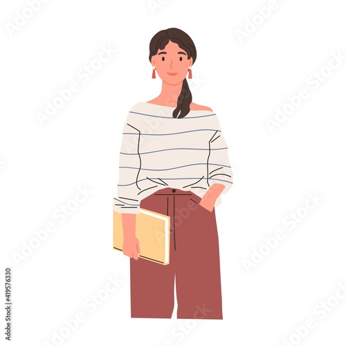 Modern college or university student with book in hands isolated on white background. Portrait of happy woman with school journal. Flat vector illustration of young teacher isolated on white