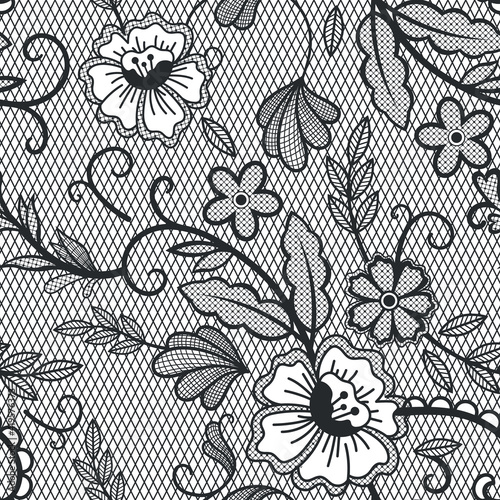 Lace seamless pattern. Vintage lace decorative pattern, embroidered textile floral ornament. Cotton doily vector background illustration. Decorative romantic design with flowers and plants