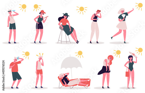 People in hot weather. Male and female characters suffer from heat  summer extreme hot weather. Seasonal summertime heat vector illustration set. Sunbathing under umbrella  looking at thermometer