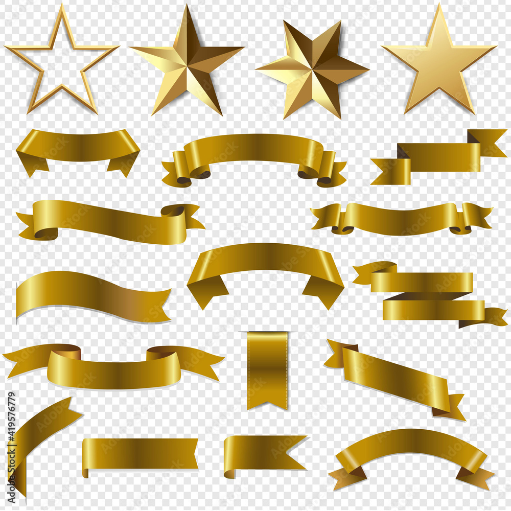 Golden Ribbons And Stars Set Transparent With Gradient Mesh, Vector Illustration