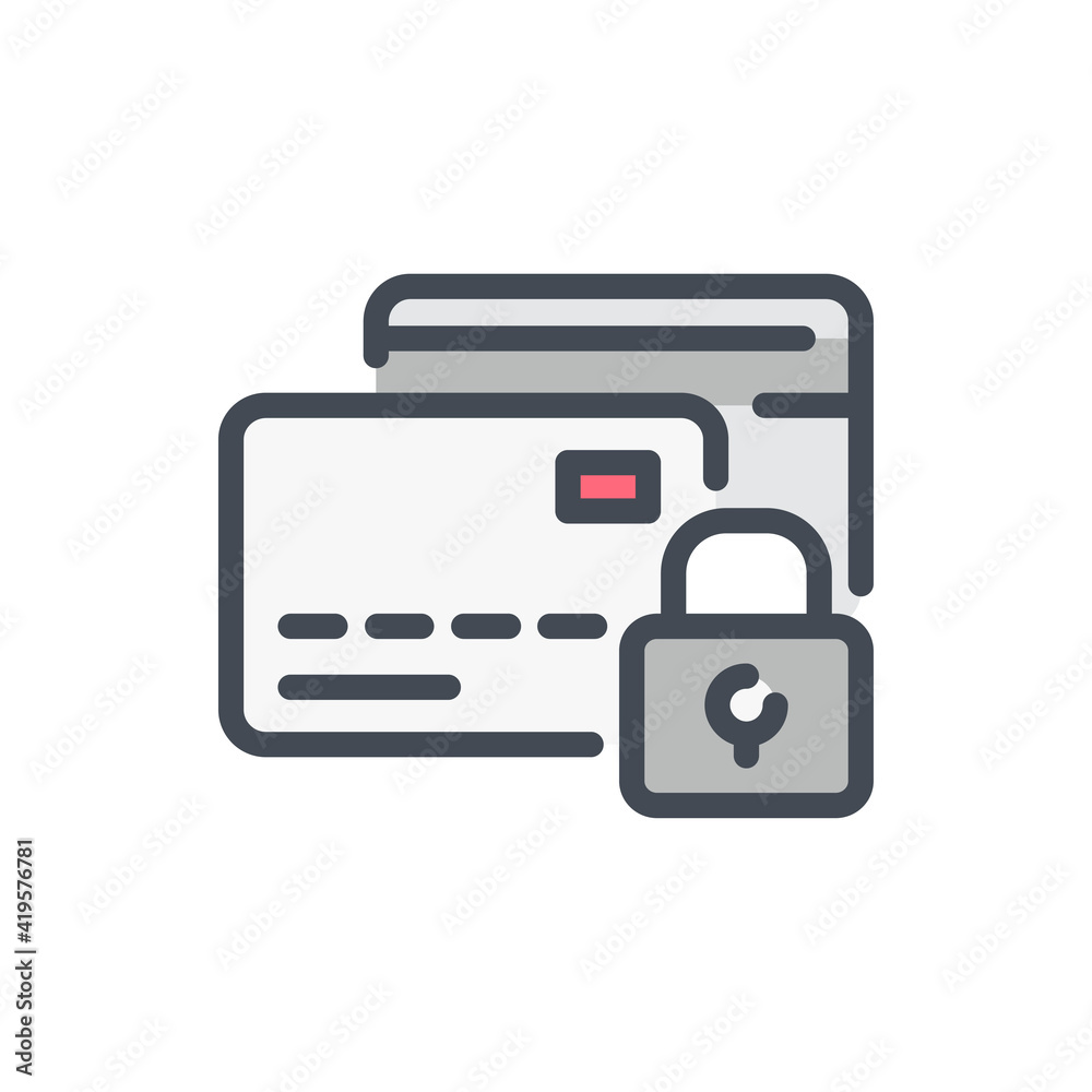Secure payment and locked card color line icon. Credit card with lock vector outline colorful sign.