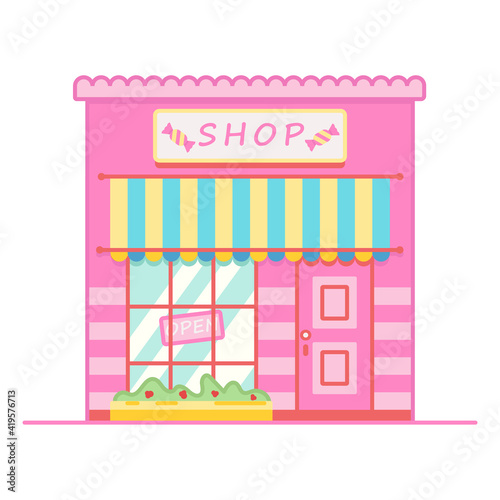 cartoon cute candy shop, pink shopping stall, street vending, vector illustration
