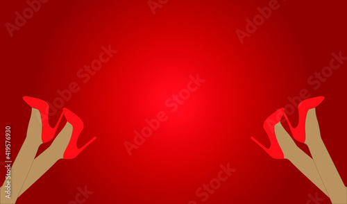 vector banner with two female legs. flat poster image with female legs in red shoes.