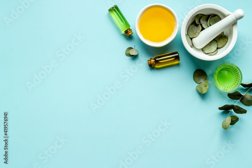 Herbal medicine and pharmacy. Eucalyptus essential oil  top view