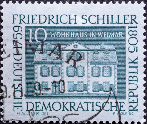 GERMANY, DDR - CIRCA 1959 : a postage stamp from Germany, GDR showing the home of the poet Friedrich Schiller (1759–1805) in Weimar. For the 200th birthday