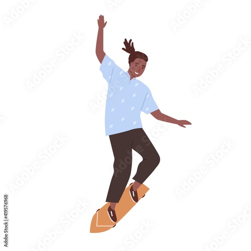 Afro-American skateboarder performing trick on skateboard. Young skater standing on long board. Trendy outdoor activity. Colored flat cartoon vector illustration isolated on white background