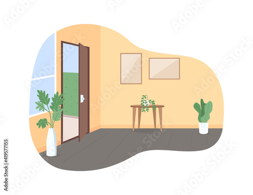 Home hall with open door 2D vector web banner, poster. Corridor with entryway. House room interior flat scene on cartoon background. Household printable patch, colorful web element