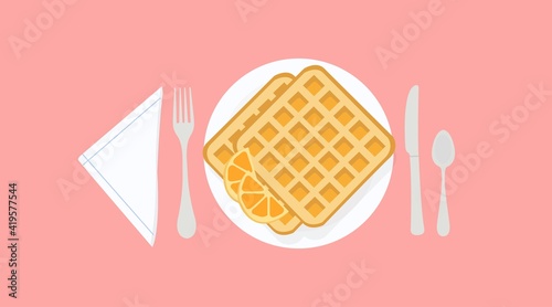 Breakfast Illustration, with waffles and cutlery. Vector isolated illustration.