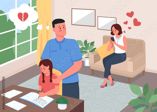 Infidelity problem in family flat color vector illustration. Woman chatting on mobile phone. Jealous husband. Daughter study. Family 2D cartoon characters with home interior on background