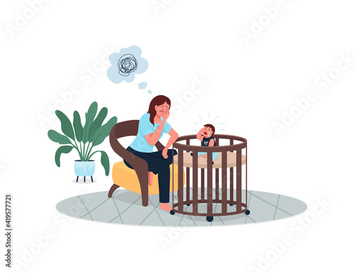 Depressed mother with crying baby flat color vector detailed characters. Fatigue and burnout. Sad woman. Postpartum depression isolated cartoon illustration for web graphic design and animation