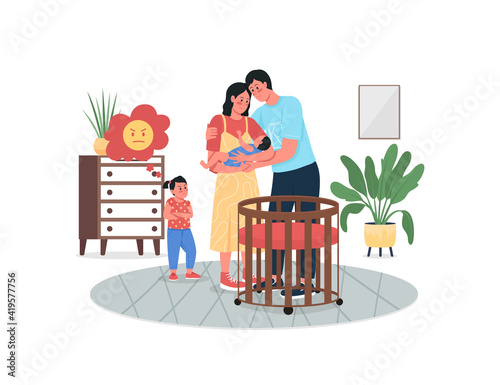 Girl jealous with parents' newborn baby flat color vector detailed characters. Father, mother in nursery room. Family conflict isolated cartoon illustration for web graphic design and animation