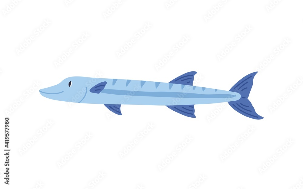 Cute smiling sea pike isolated on white background. Side view of simple marine fish. Childish colored flat cartoon vector illustration of underwater creature
