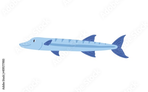 Cute smiling sea pike isolated on white background. Side view of simple marine fish. Childish colored flat cartoon vector illustration of underwater creature