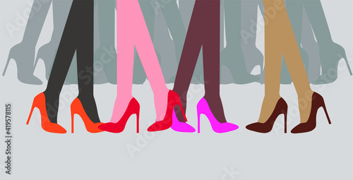 vector with female legs in shoes. flat image of female feet with different skin colors in high-heeled shoes