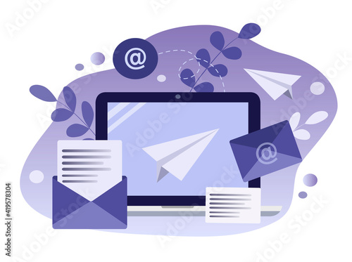 vector illustration on the theme of emails. laptop screen and letters, envelopes. business correspondence, e-mails, instant messengers. flat illustration for websites, magazines, applications