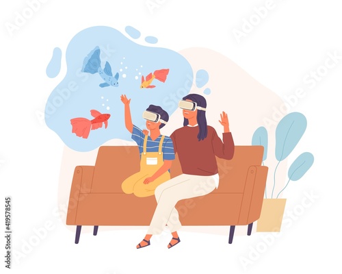 Family studying in virtual or augmented reality with VR headset. Happy mother and child in AR glasses at home. Colored flat vector illustration of people and cyberspace isolated on white background