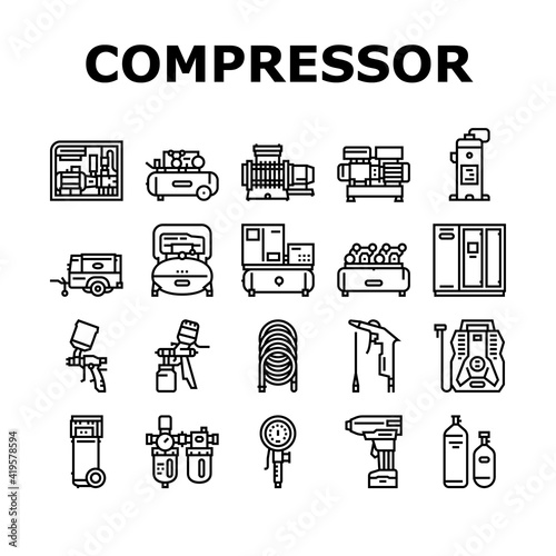 Air Compressor Tool Collection Icons Set Vector. Screw And Piston, Membrane And Centrifugal, Diesel And Rotary Compressor Equipment Black Contour Illustrations