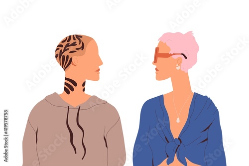 Lesbian love couple of two trendy women standing together and looking at each other. Homosexual partners or girlfriends. Flat vector illustration of modern friends isolated on white background