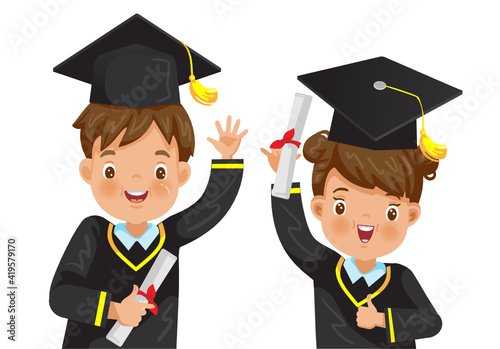 Graduating boy and little Girl. Friendship happy. Graduation children is thumbs up. Child graduate wearing a mortarboard. Diploma graduating little  for kid