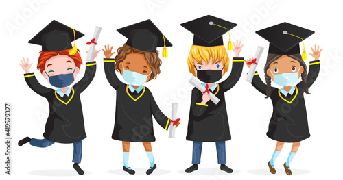 Child mask group. Graduate children . Full body of characters of international child. Graduation ceremony for kids. In 2020 during the COVID-19 epidemic. Concept of new normal and social distance.