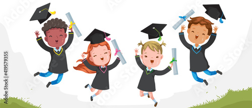Graduation Children jumping. 
Graduate group. Gestures very happy. Cheers! Success. Concept illustration of Diploma graduating little for kid. Successful Strong, growing and intelligent.