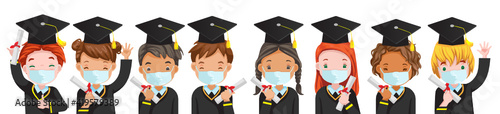 Child mask group. Graduate internationa children. Graduation ceremony for kids. During the COVID-19 epidemic. Concept of new normal and social distance. Prevent the coronavirus. Caring for children.