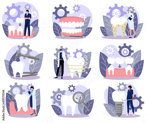 Tiny doctors treating giant teeth set. Dentist characters caring of tooth using professional tools at medical clinic. Stomatology, orthodontics, dental care cartoon vector illustration