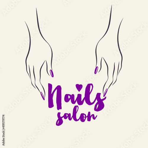 Nails art logo.Purple color nail polish.Elegant manicure.Woman hands icon isolated on light background.Luxury, salon, spa style illustration.