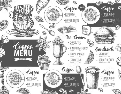 Restaurant Coffee menu design. Decorative sketch of cup of coffee or tea. Dessert menu © annbozhko
