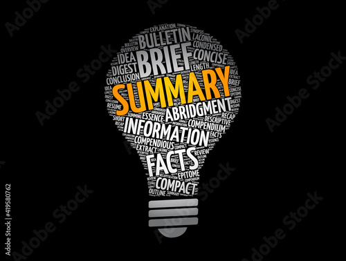 Summary light bulb word cloud collage, business concept background