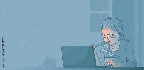 Woman working on computer laptop and eating noodle. Workaholic Habits overworker. Eating ready meals. A freelance who works overtime until late at night