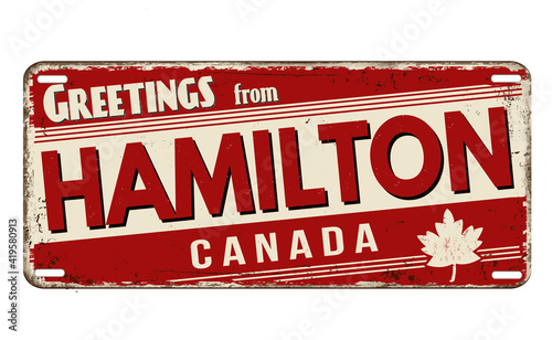 Greetings from Hamilton vintage rusty metal plate