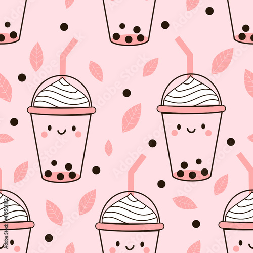 Seamless pattern with bubble milk green tea cup with cute face on pink background vector illustration.