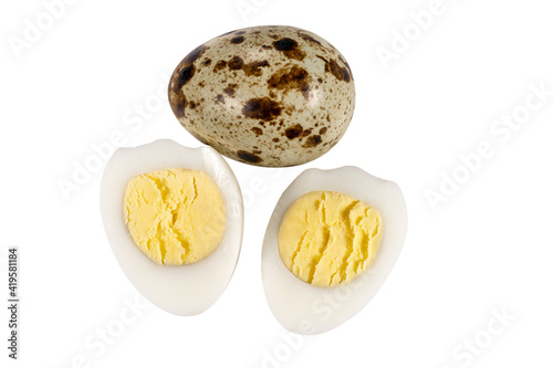 Half cutted Boiled spotted quail eggs  isolated on white background.  Healthy Food Products Concept