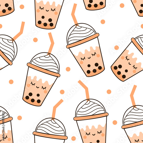 Seamless pattern with bubble milk green tea cup with cute face on white background vector illustration.