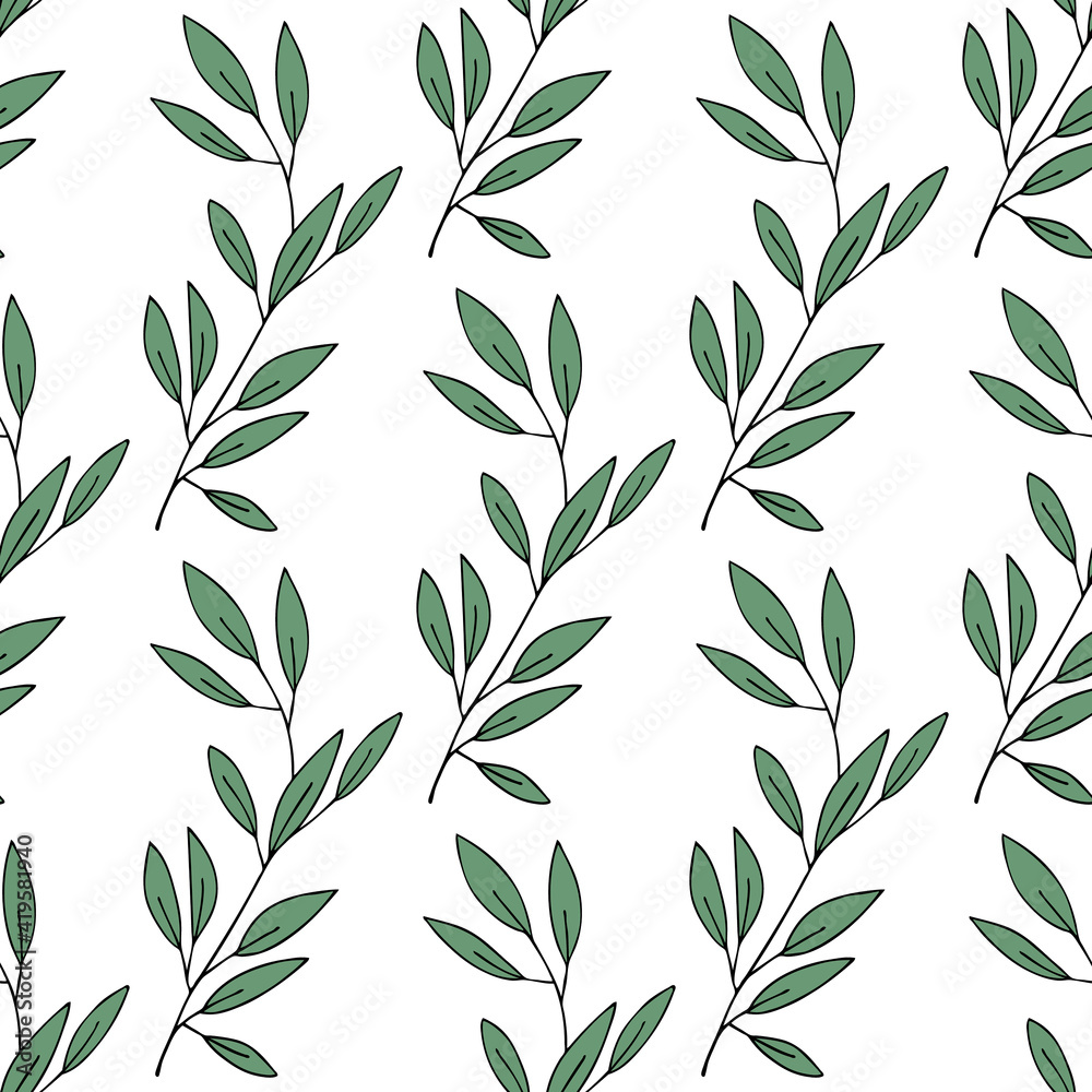 Botanical seamless pattern. Hand drawn branches with green leaves. Vector background