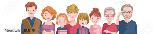 European family. Father, mother, son, daughter, brother, sister, grandfather and grandmother. Fair skin white caucasian group.