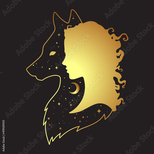 Silhouette of beautiful woman with shadow of wolf with crescent moon and stars isolated. Sticker, print or tattoo design vector illustration. Pagan totem, wiccan familiar spirit art