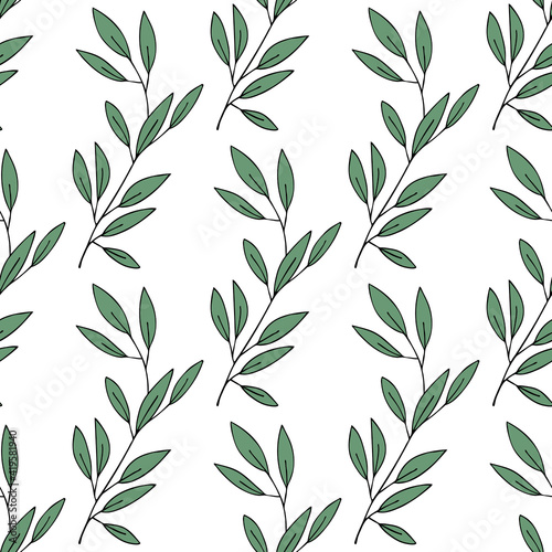 Botanical seamless pattern. Hand drawn branches with green leaves. Vector background