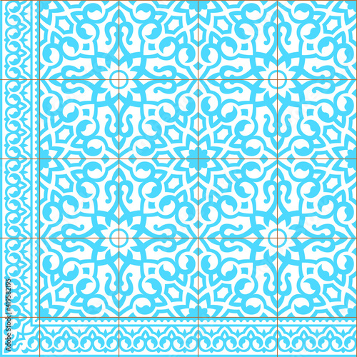 Blue morrocan, portugal tiles with border, azulejos, corner, seamless, floral pattern