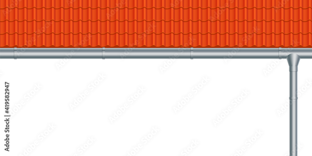 Vector illustration of red roof tile and metal rain gutter isolated on