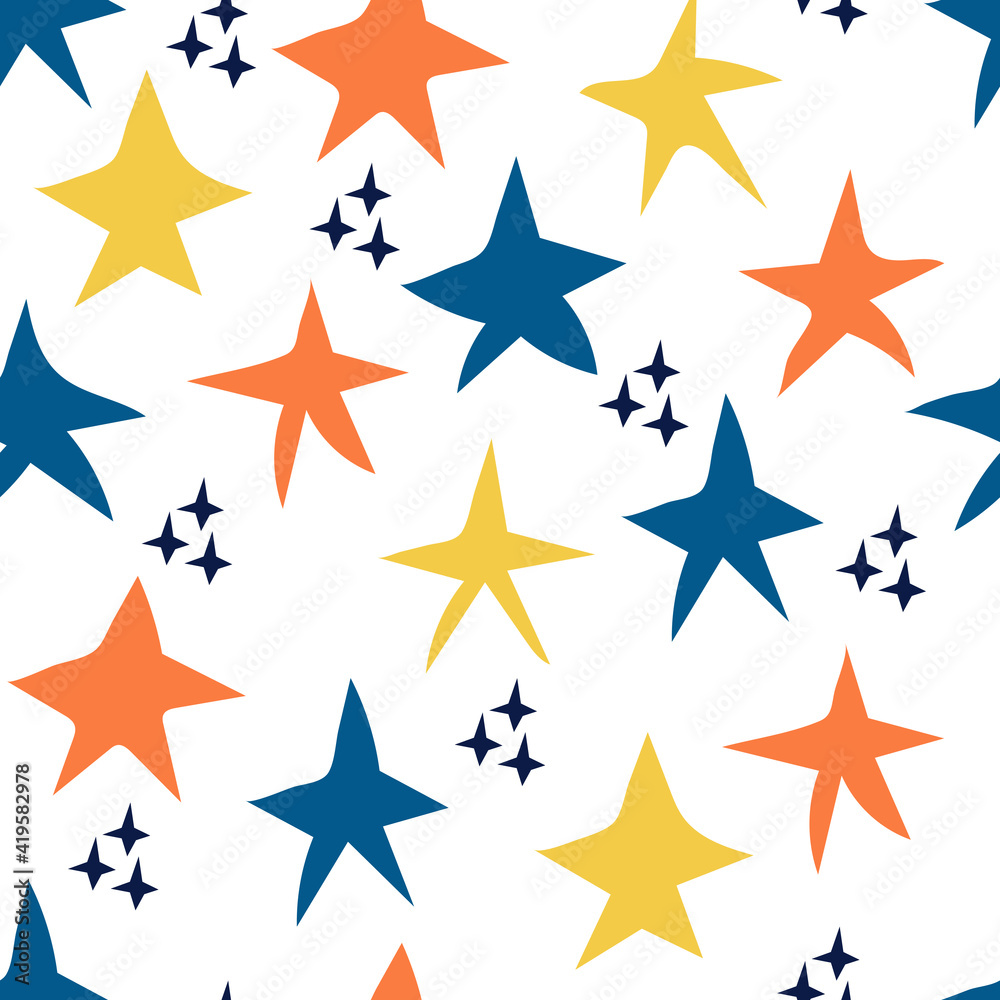 Seamless pattern with multicolored doodle stars on white background. Children's drawing by hand. Print on clothes, fabric, wallpaper Seamless pattern with multicolored doodle stars on white background. Children's drawing by hand. Print on clothes, fabric, wallpaper