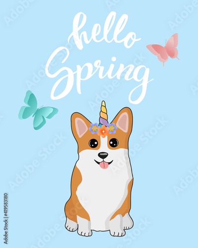 Spring poster with welsh corgi in a wreath of flowers. Lettering hello spring. Vector greeting card isolated on a blue background.