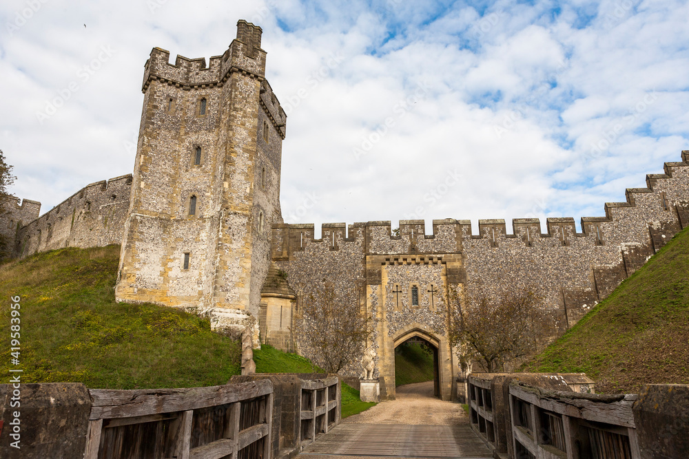 The 13th century Bevis Tower and North Bailey at Arundel Castle, West Sussex, England, UK.  The tower is named after a legendary giant that was supposed to have lived there and protected the castle.