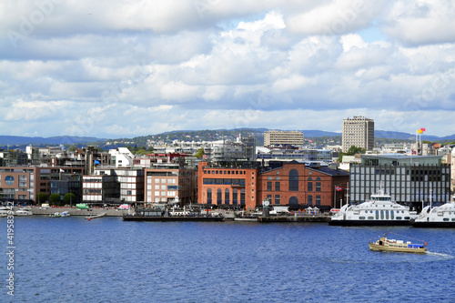 Panoramic top view of the promenade with modern buildings. Beautiful seascape in a summer day  Oslofjord  Oslo  Norway.