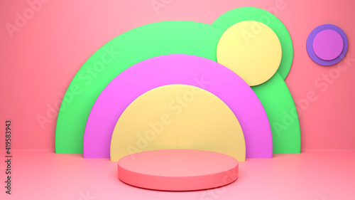 Pink podium and colorful circle on pink background. 3d rendering.