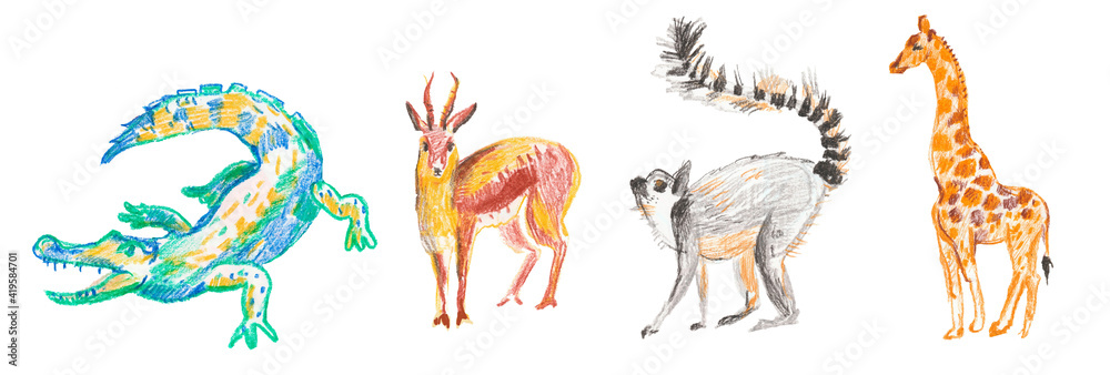 Set of illustrations with crocodile,giraffe,lemur,gazelle drawn with wax crayons.Clip art with animals on white isolated background  with pastel pencils.Design for social networks,posters.